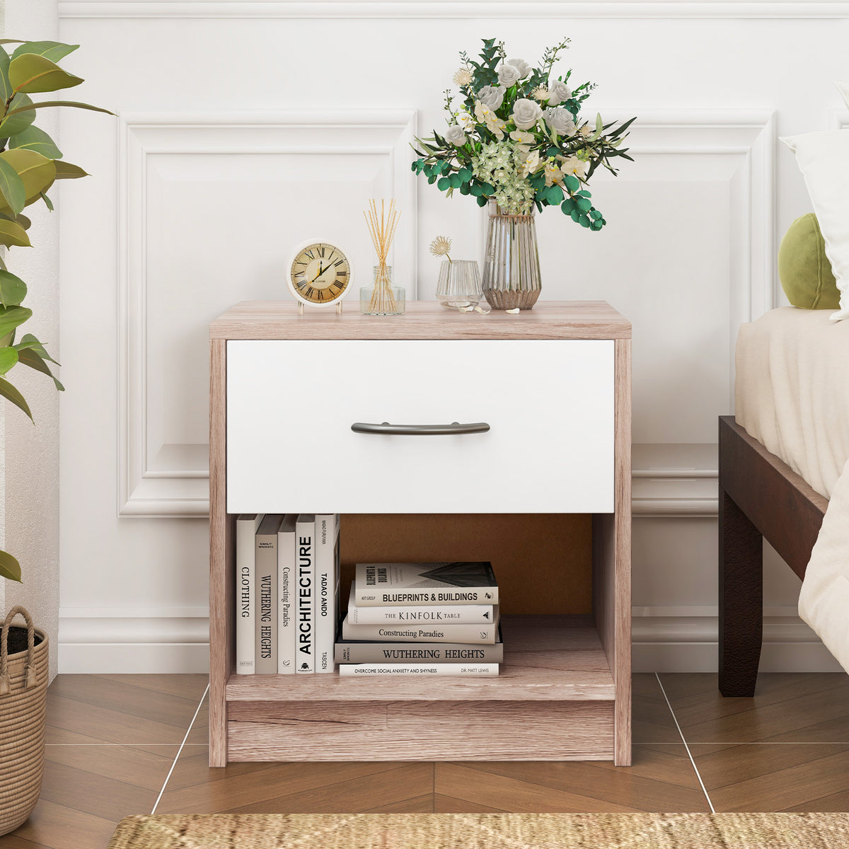 Bedside Table Nightstand with Drawer and Shelf – Oak