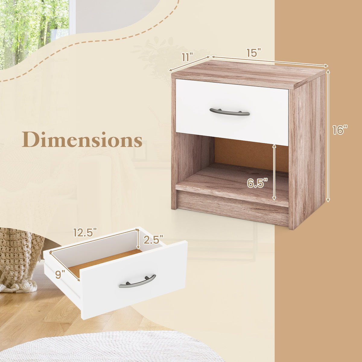 Bedside Table Nightstand with Drawer and Shelf – Oak