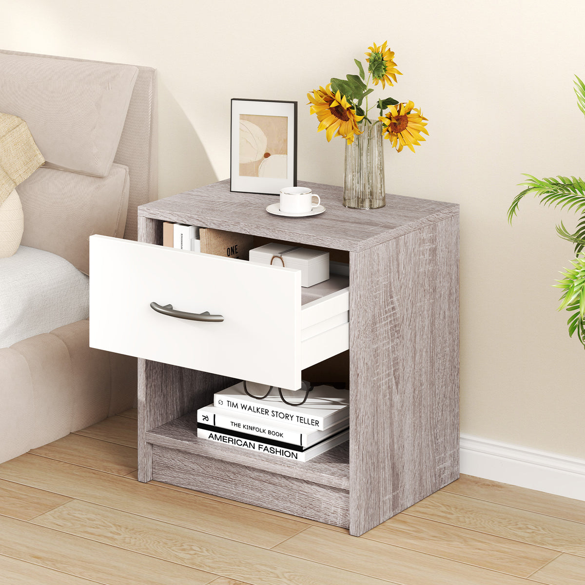 Bedside Table Nightstand with Drawer and Open Storage Shelf, Light Gray