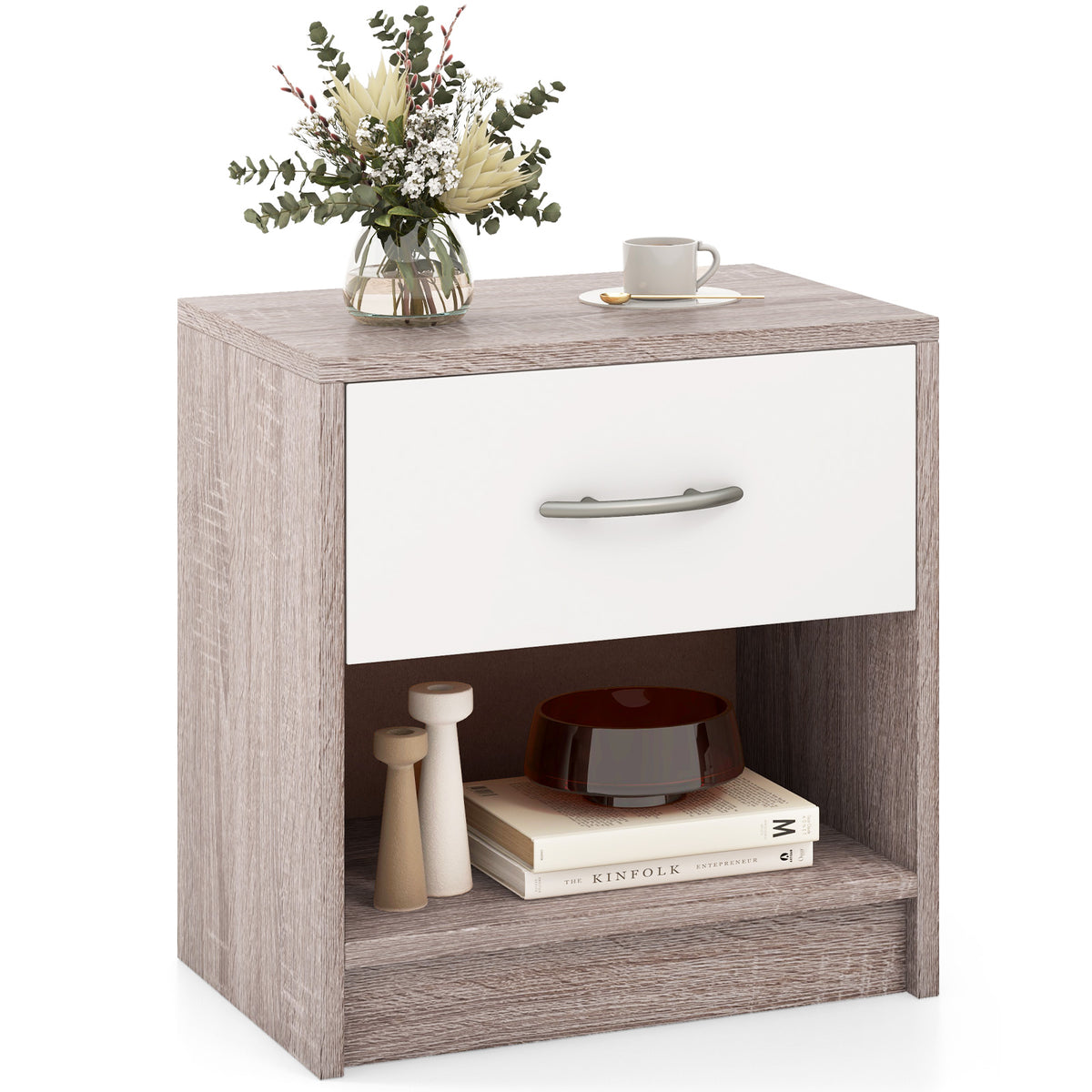 Bedside Table Nightstand with Drawer and Shelf – Light Gray