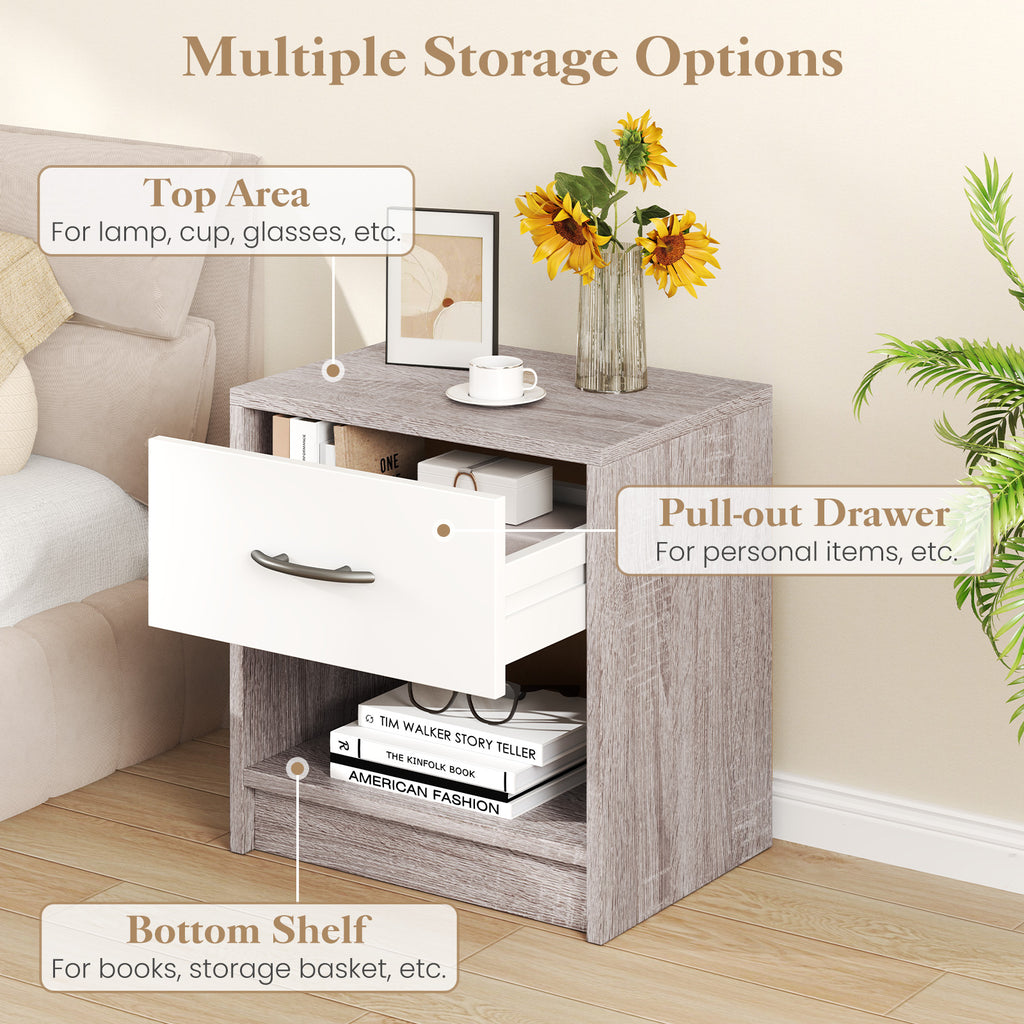 Bedside Table Nightstand with Drawer and Shelf – Light Gray