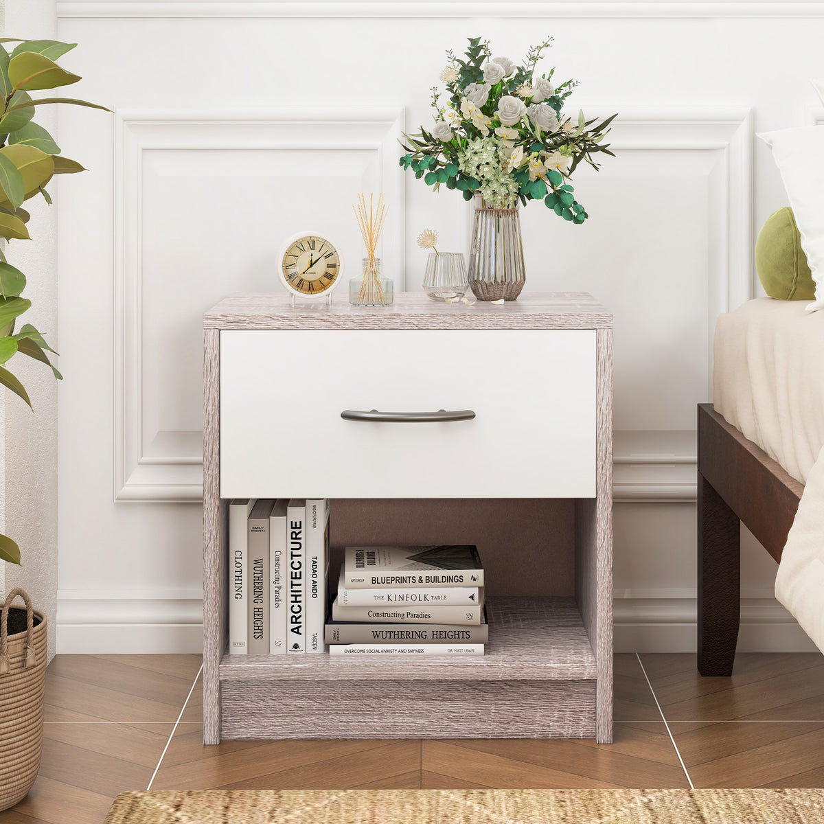 Bedside Table Nightstand with Drawer and Shelf – Light Gray