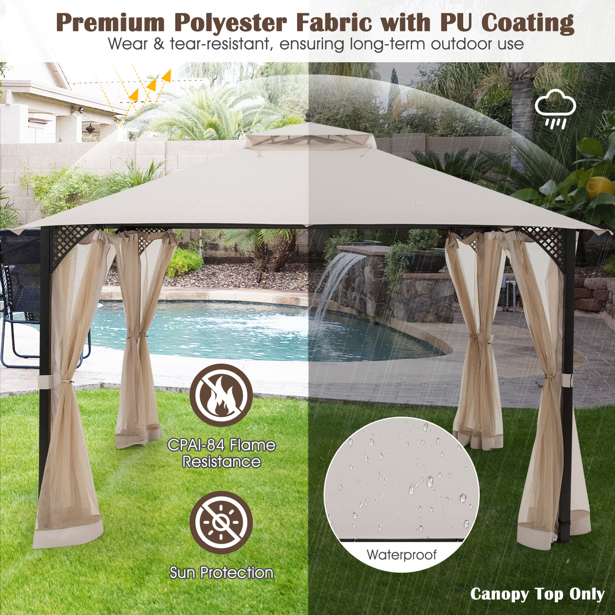 10 x 12 Feet Gazebo Replacement Top, Beige