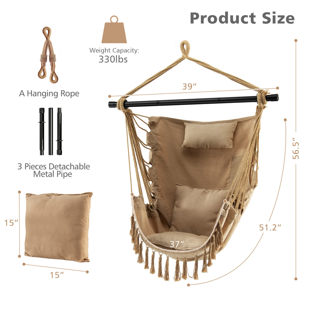 Hanging Rope Swing Chair with Cushions & Pillow - Beige