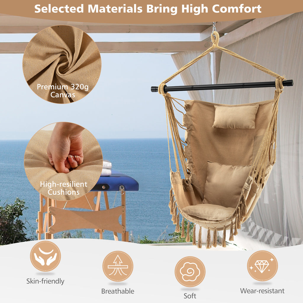 Hanging Rope Swing Chair with Cushions & Pillow - Beige