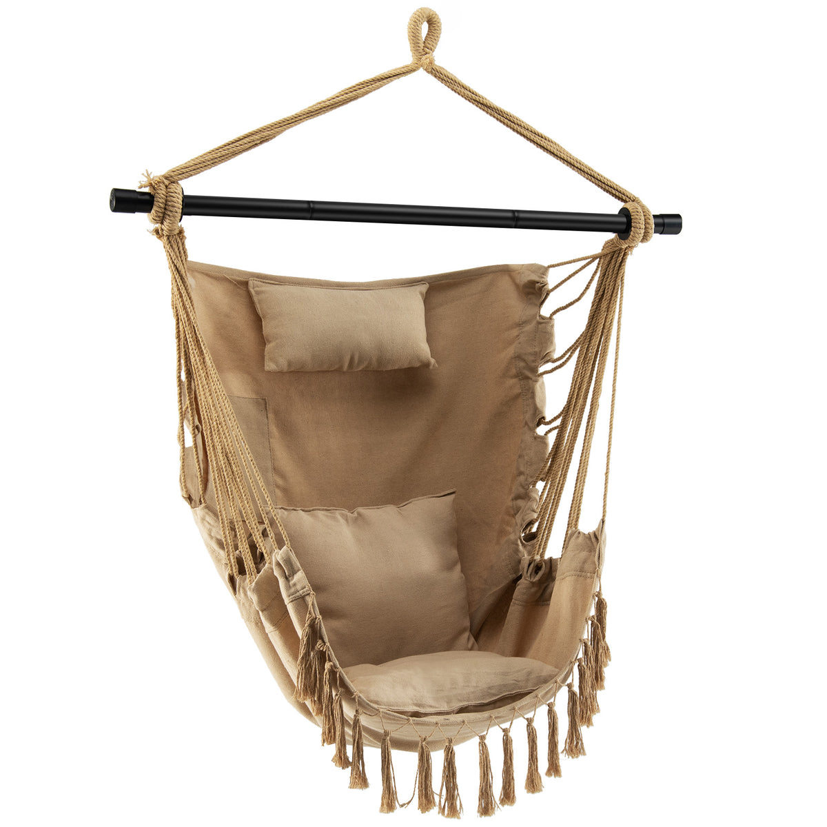 Hanging Rope Swing Chair with Cushions & Pillow - Beige