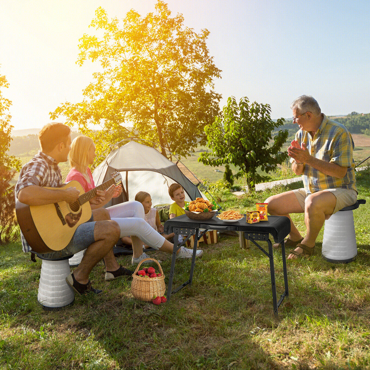 3 Pieces Folding Camping Table Stool Set with 2 Retractable LED Stools
