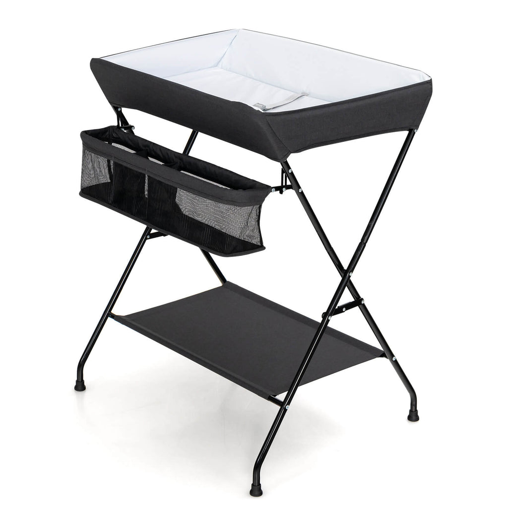 Baby Storage Foldable Diaper Changing Table - Black, Adjustable & Portable