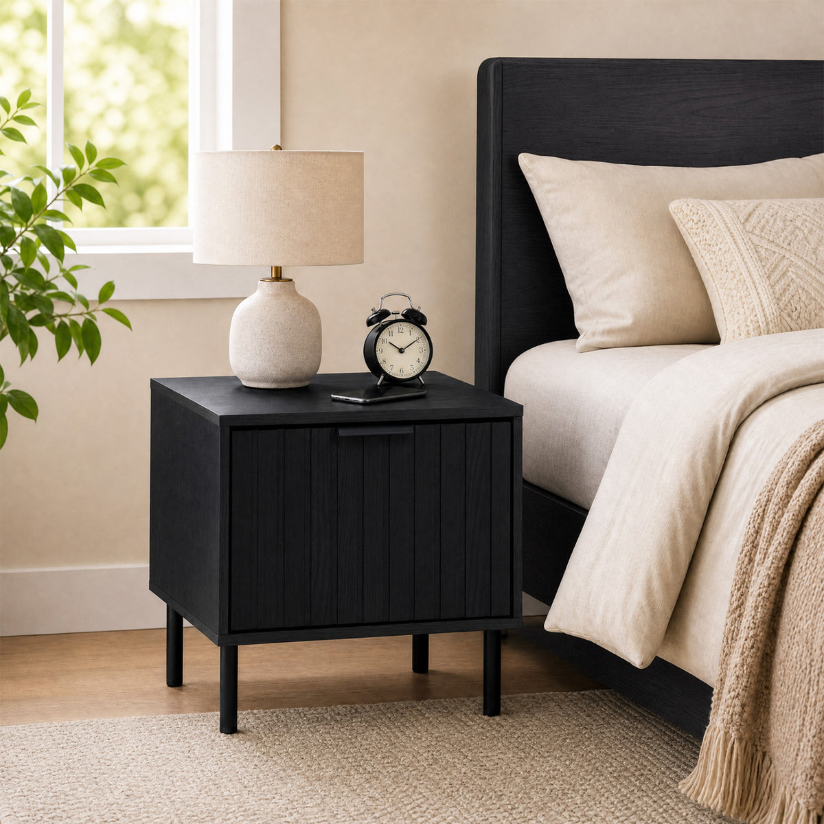 Black Modern Nightstand with Storage Drawer – Black