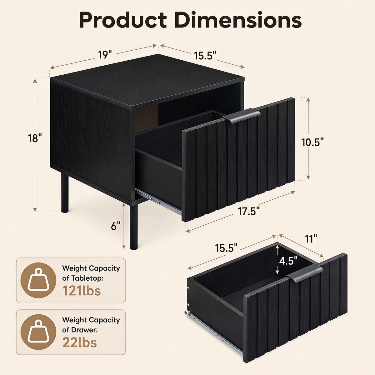 Black Modern Nightstand with Storage Drawer – Black