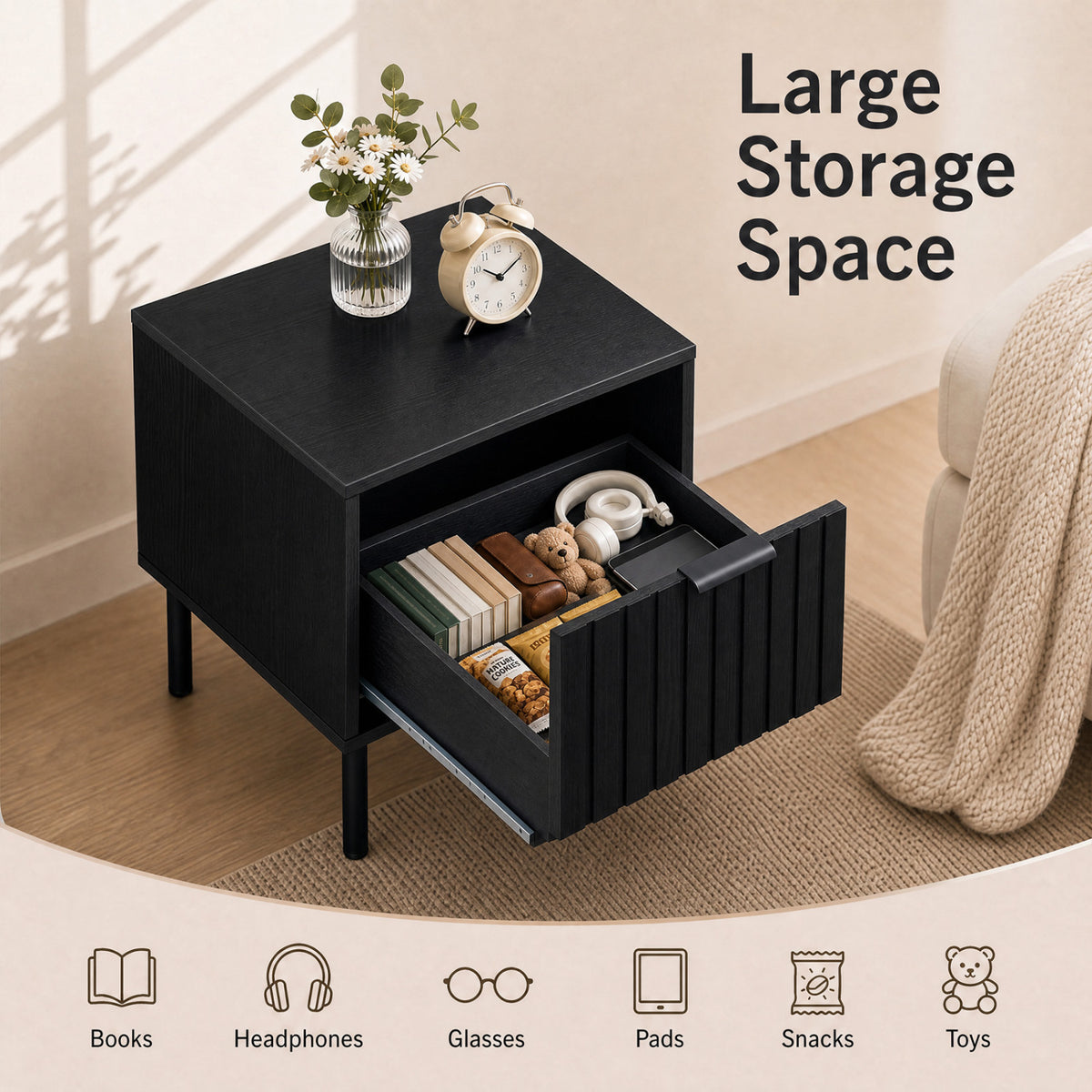 Black Modern Nightstand with Storage Drawer – Black