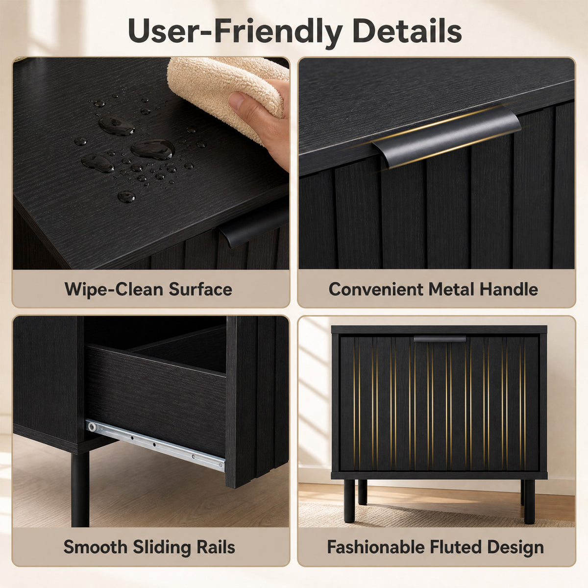 Black Modern Nightstand with Storage Drawer – Black