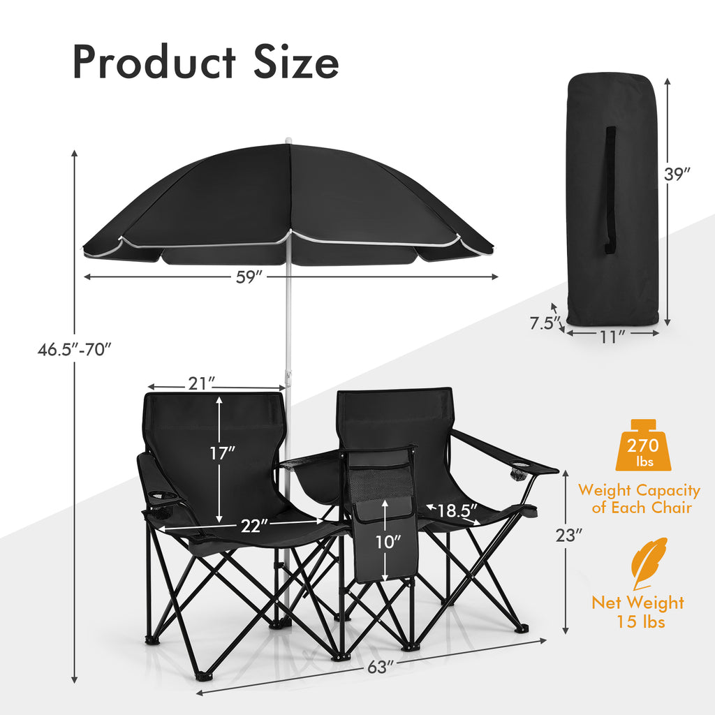 Portable Folding Picnic Double Chair with Umbrella - Black