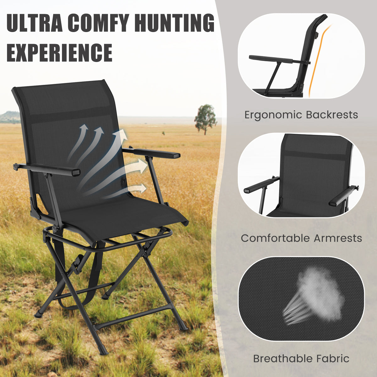 Foldable Swivel Patio Chair with Mesh Back - Black