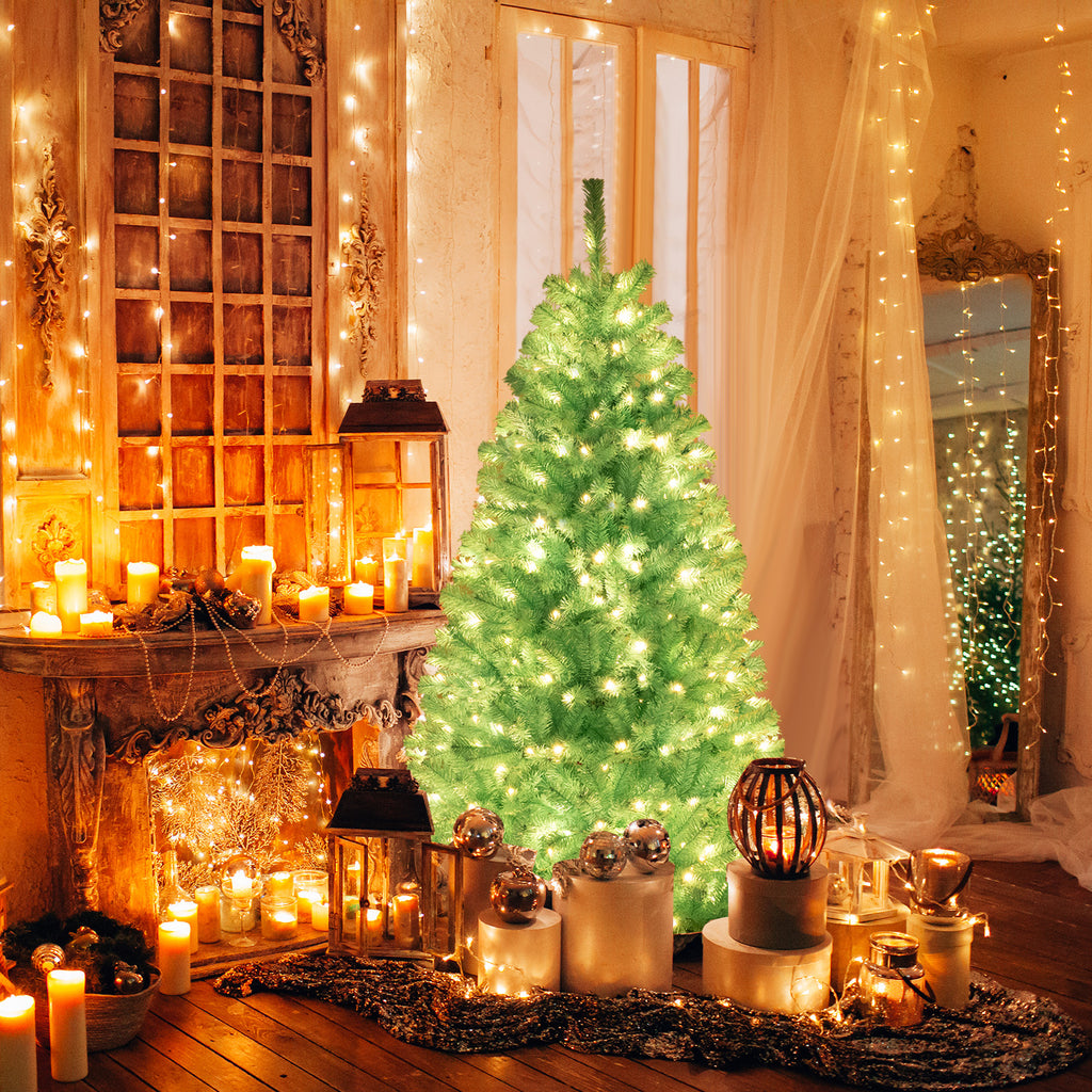 6/7 FT Blue Artificial Christmas Tree with 280/380 Warm White LED Lights & Foldable Metal Stand - 6 ft