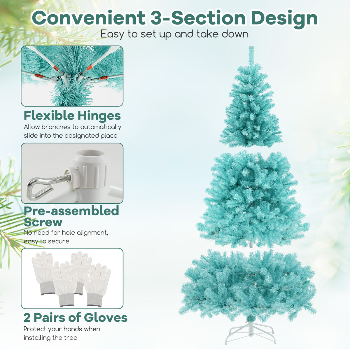 6/7 FT Blue Artificial Christmas Tree with 280/380 Warm White LED Lights & Foldable Metal Stand - 6 ft