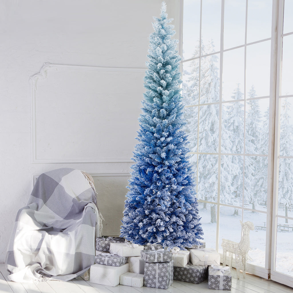 7 Feet Blue Gradient Snow Flocked Artificial Christmas Tree - Costway 7 FT Variation