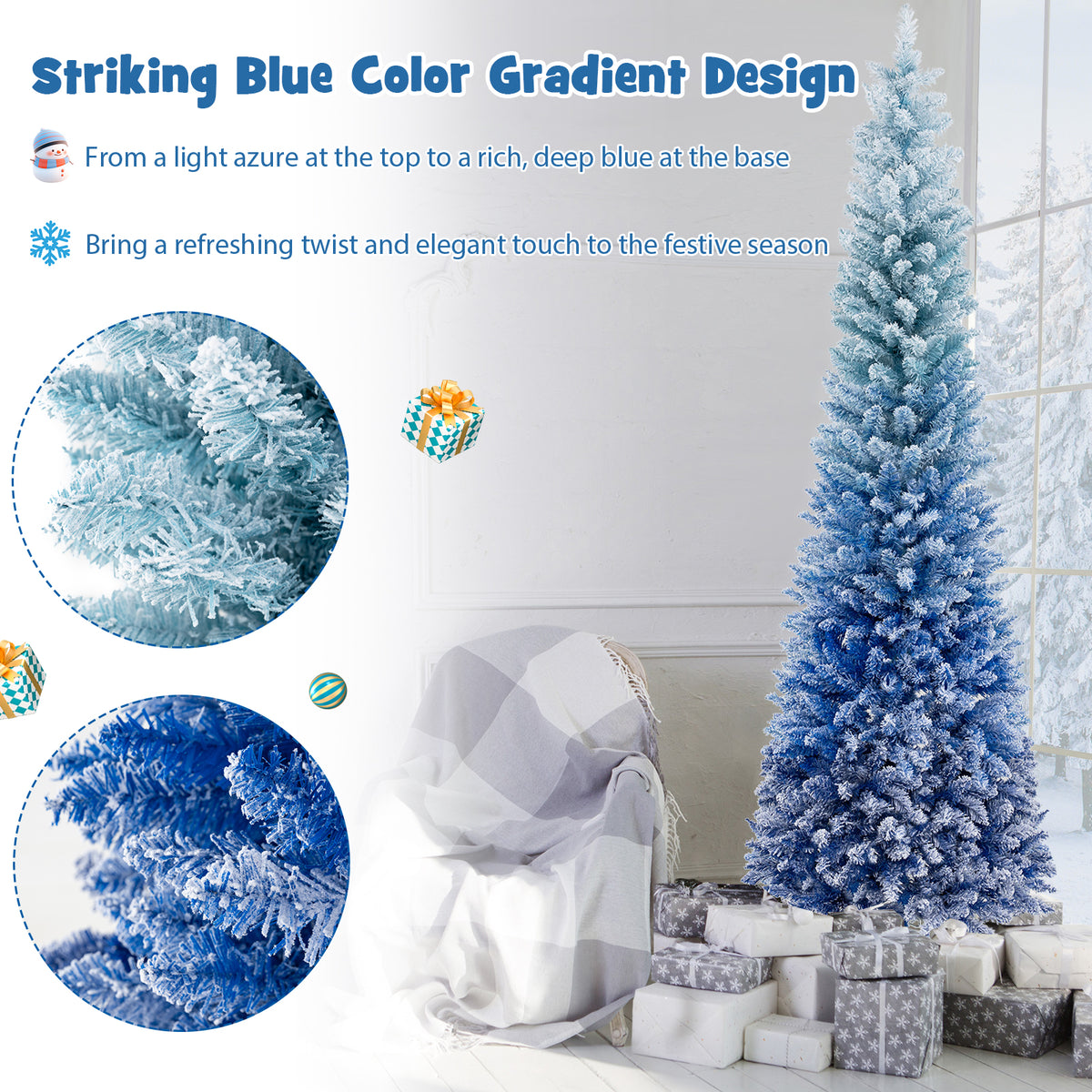7 Feet Blue Gradient Snow Flocked Artificial Christmas Tree - Costway 7 FT Variation