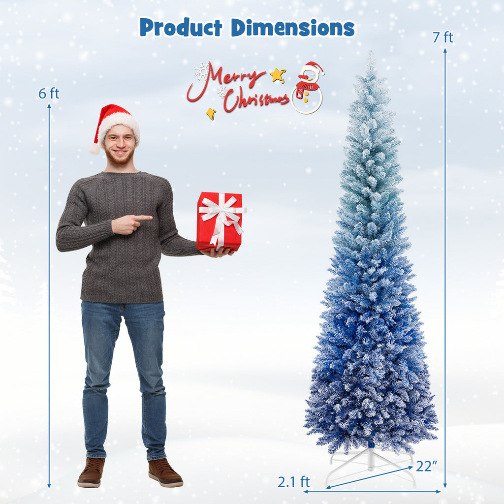 7 Feet Blue Gradient Snow Flocked Artificial Christmas Tree - Costway 7 FT Variation
