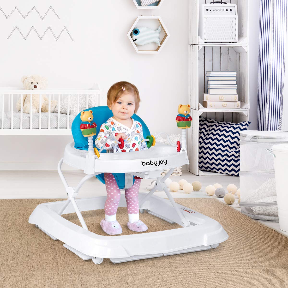 Height Adjustable Baby Walker with Padded Seat & Safety Belt - Blue, 24x28x22"