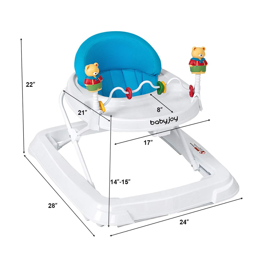 Height Adjustable Baby Walker with Padded Seat & Safety Belt - Blue, 24x28x22"
