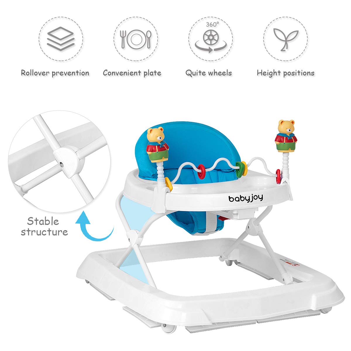 Height Adjustable Baby Walker with Padded Seat & Safety Belt - Blue, 24x28x22"