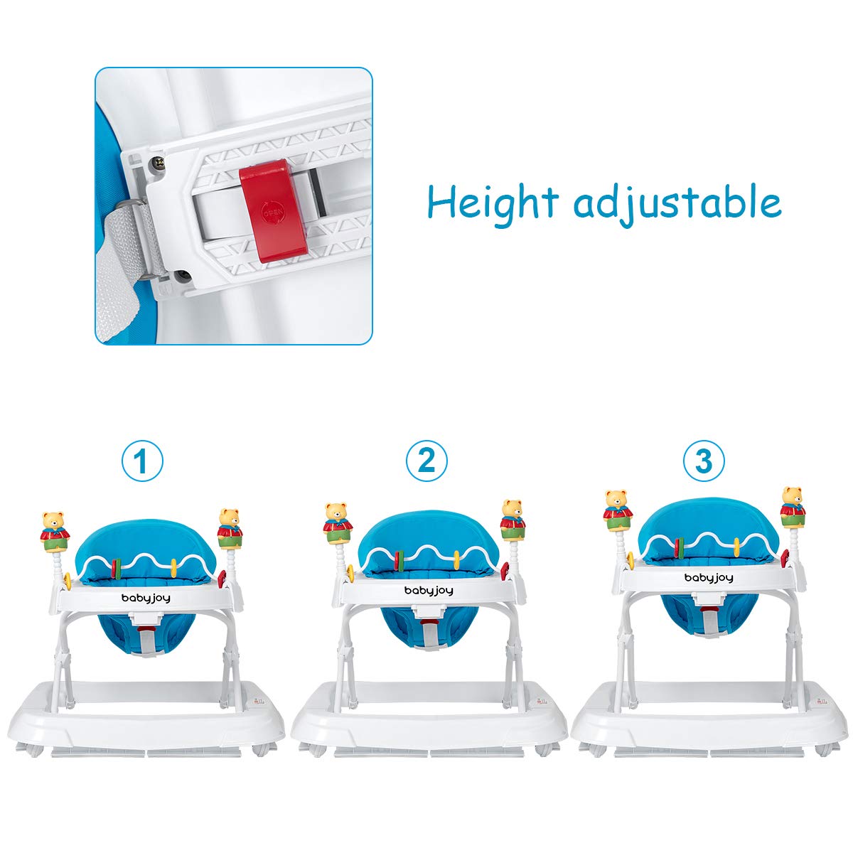 Height Adjustable Baby Walker with Padded Seat & Safety Belt - Blue, 24x28x22"