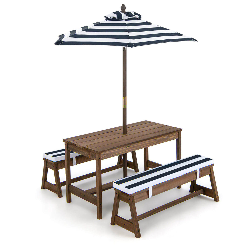 Kids Picnic Table Set with Cushions & Adjustable Sun Umbrella - Blue, 35x17.5x20 inches