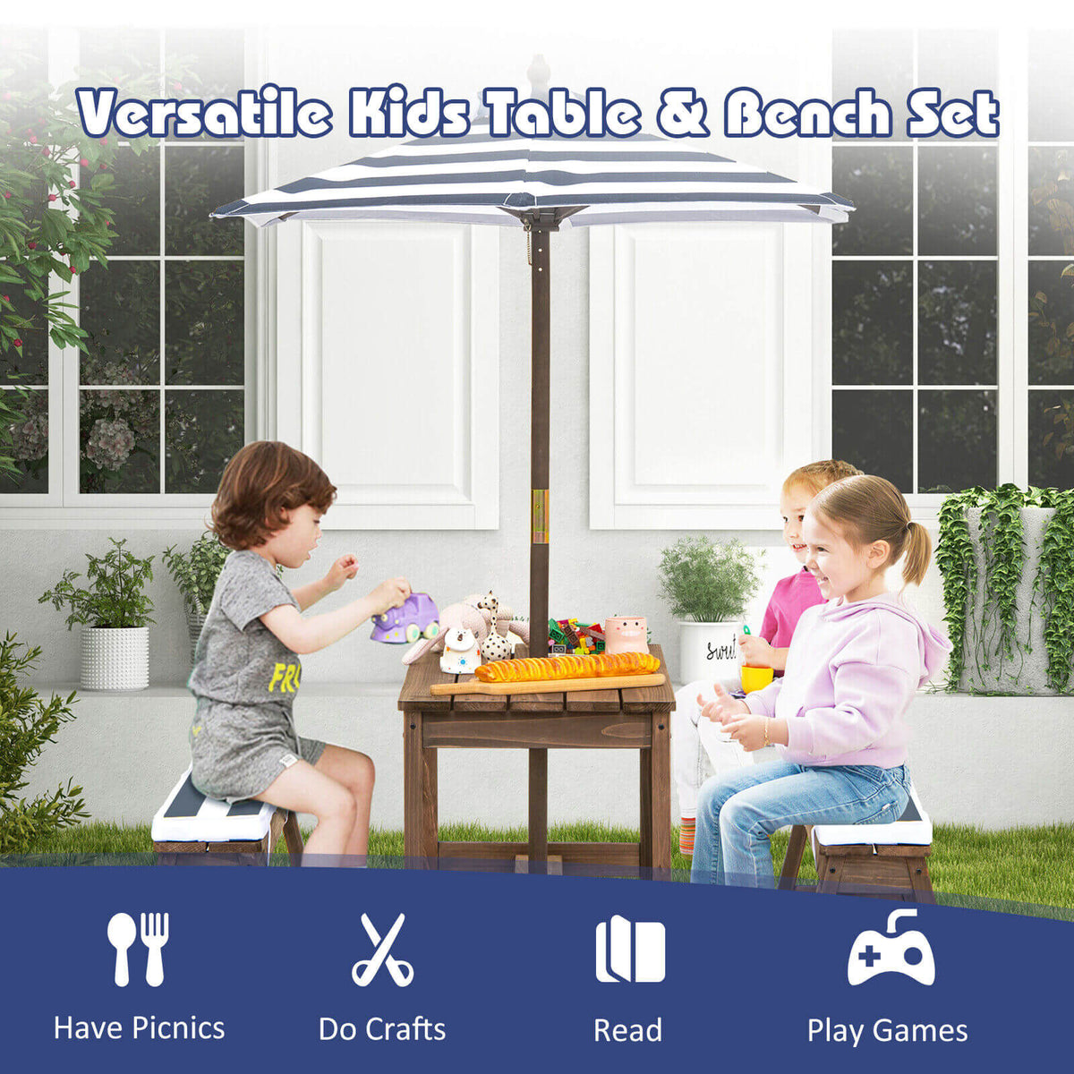 Kids Picnic Table Set with Cushions & Adjustable Sun Umbrella - Blue, 35x17.5x20 inches
