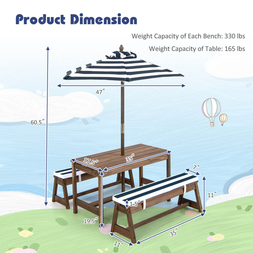 Kids Picnic Table Set with Cushions & Adjustable Sun Umbrella - Blue, 35x17.5x20 inches