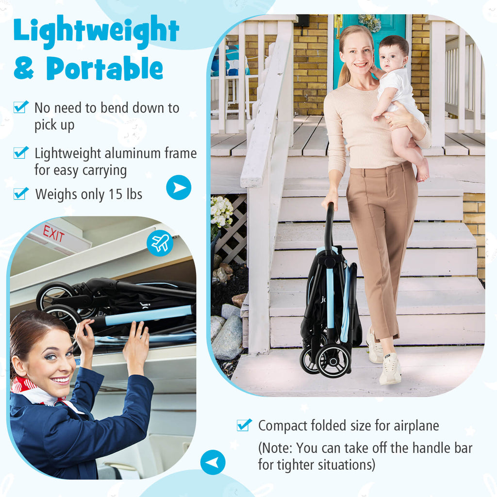 Blue One-Hand Folding Baby Stroller with Aluminum Frame Lightweight Portable