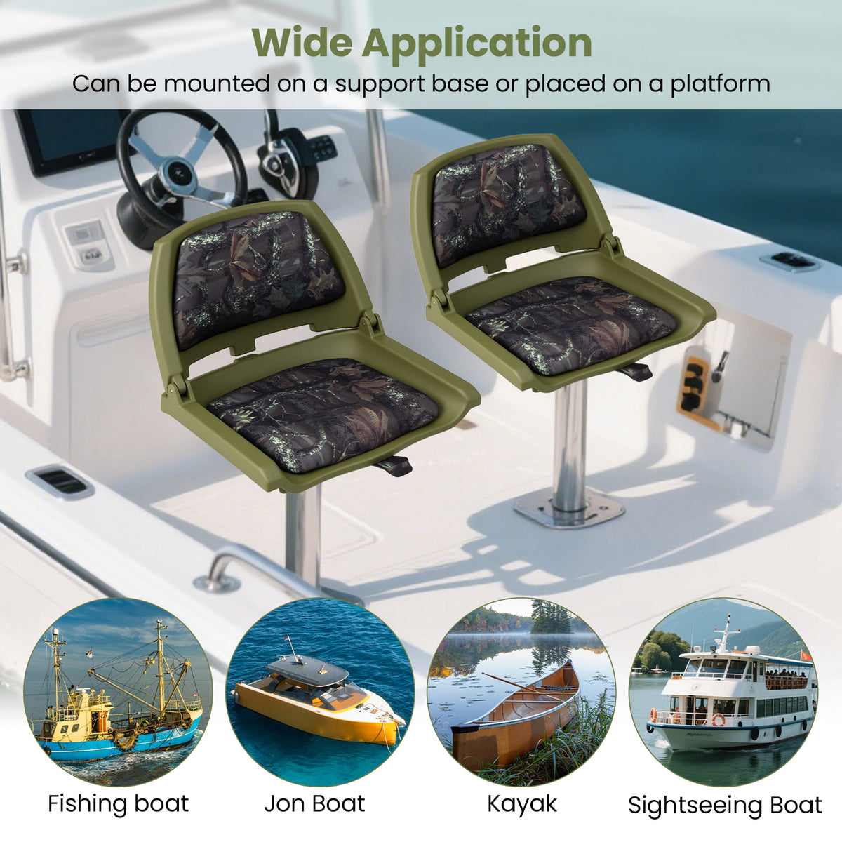Folding Boat Seat with Marine-Grade PVC - Green, Low Back, Weatherproof & Easy to Clean