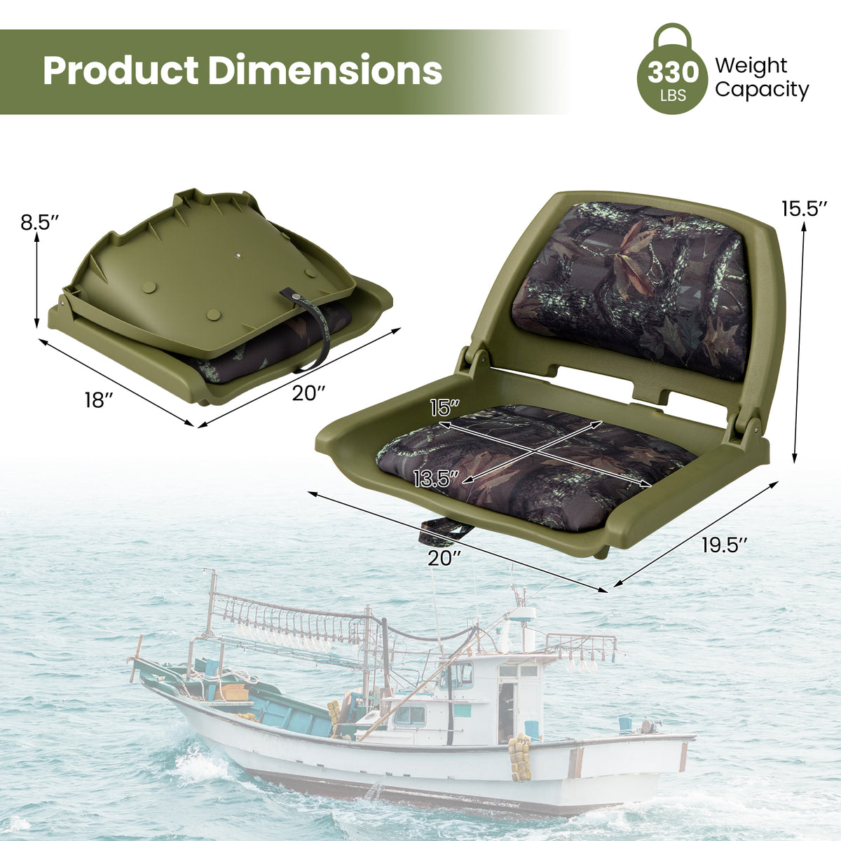 Folding Boat Seat with Marine-Grade PVC - Green, Low Back, Weatherproof & Easy to Clean