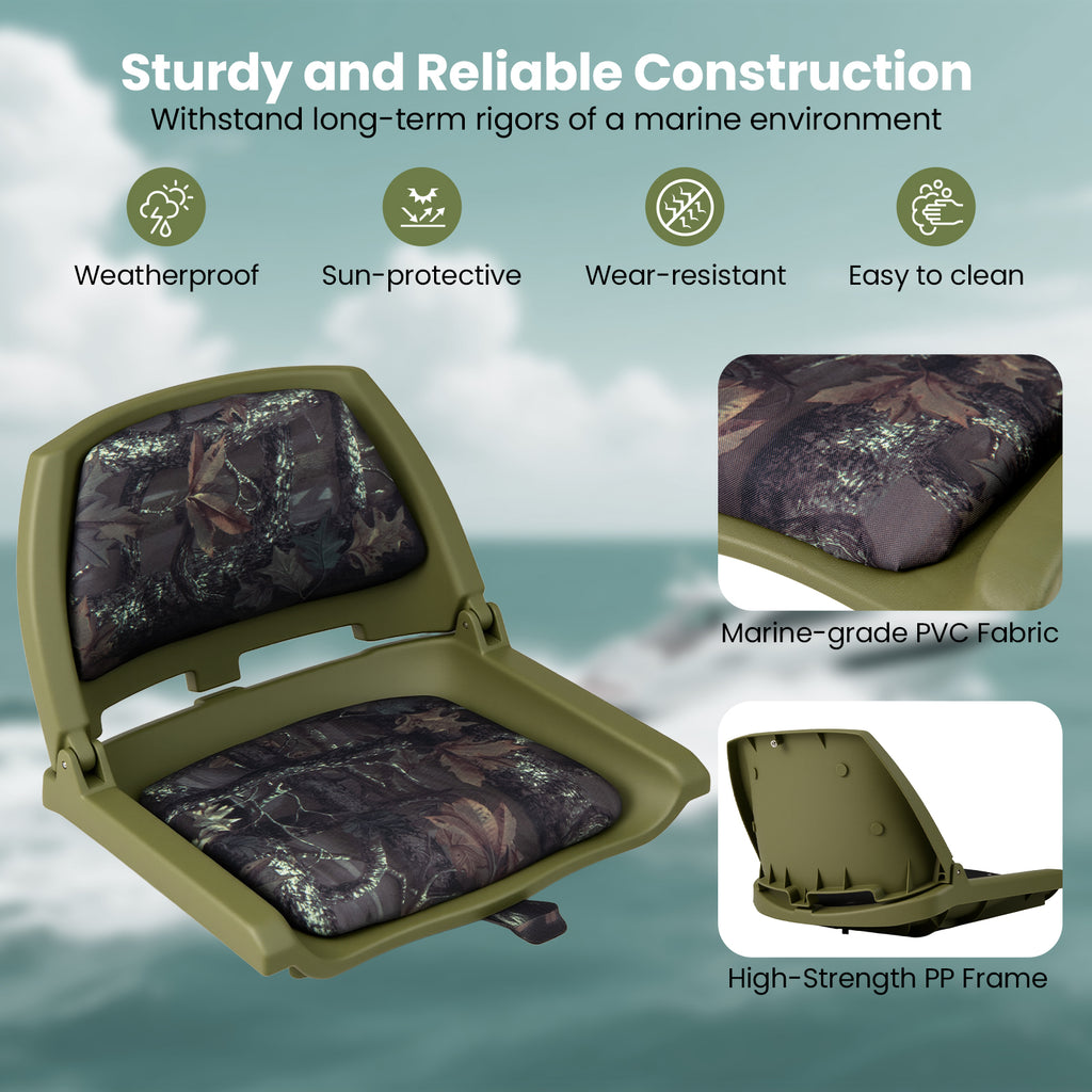 Folding Boat Seat with Marine-Grade PVC - Green, Low Back, Weatherproof & Easy to Clean
