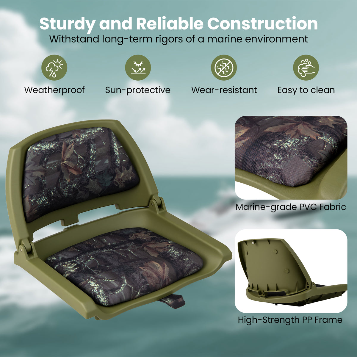 Folding Boat Seat with Marine-Grade PVC - Green, Low Back, Weatherproof & Easy to Clean