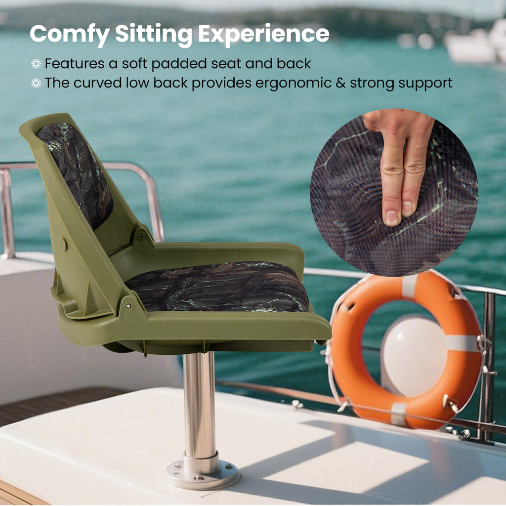 Folding Boat Seat with Marine-Grade PVC - Green, Low Back, Weatherproof & Easy to Clean