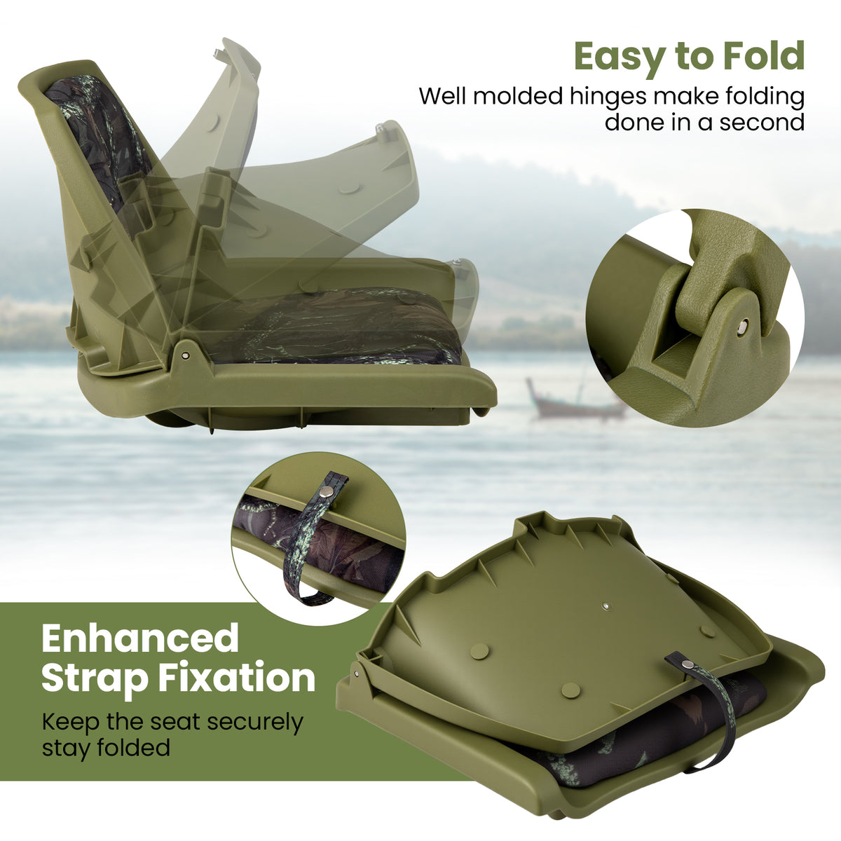 Folding Boat Seat with Marine-Grade PVC - Green, Low Back, Weatherproof & Easy to Clean