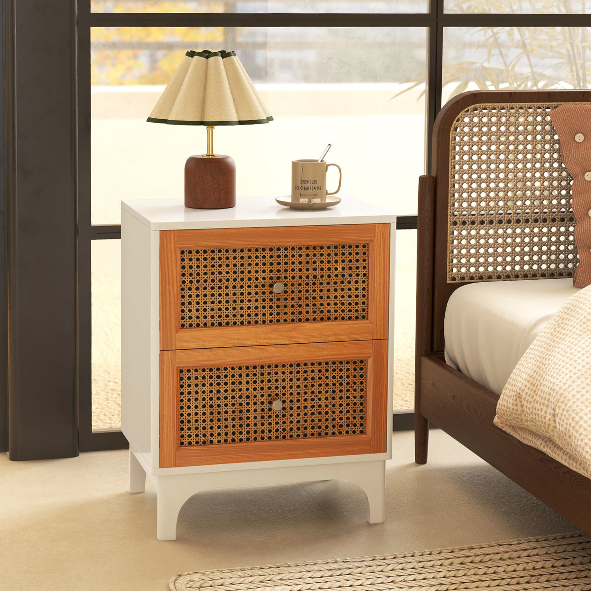 Boho Rattan Nightstand with 2 Drawers - White