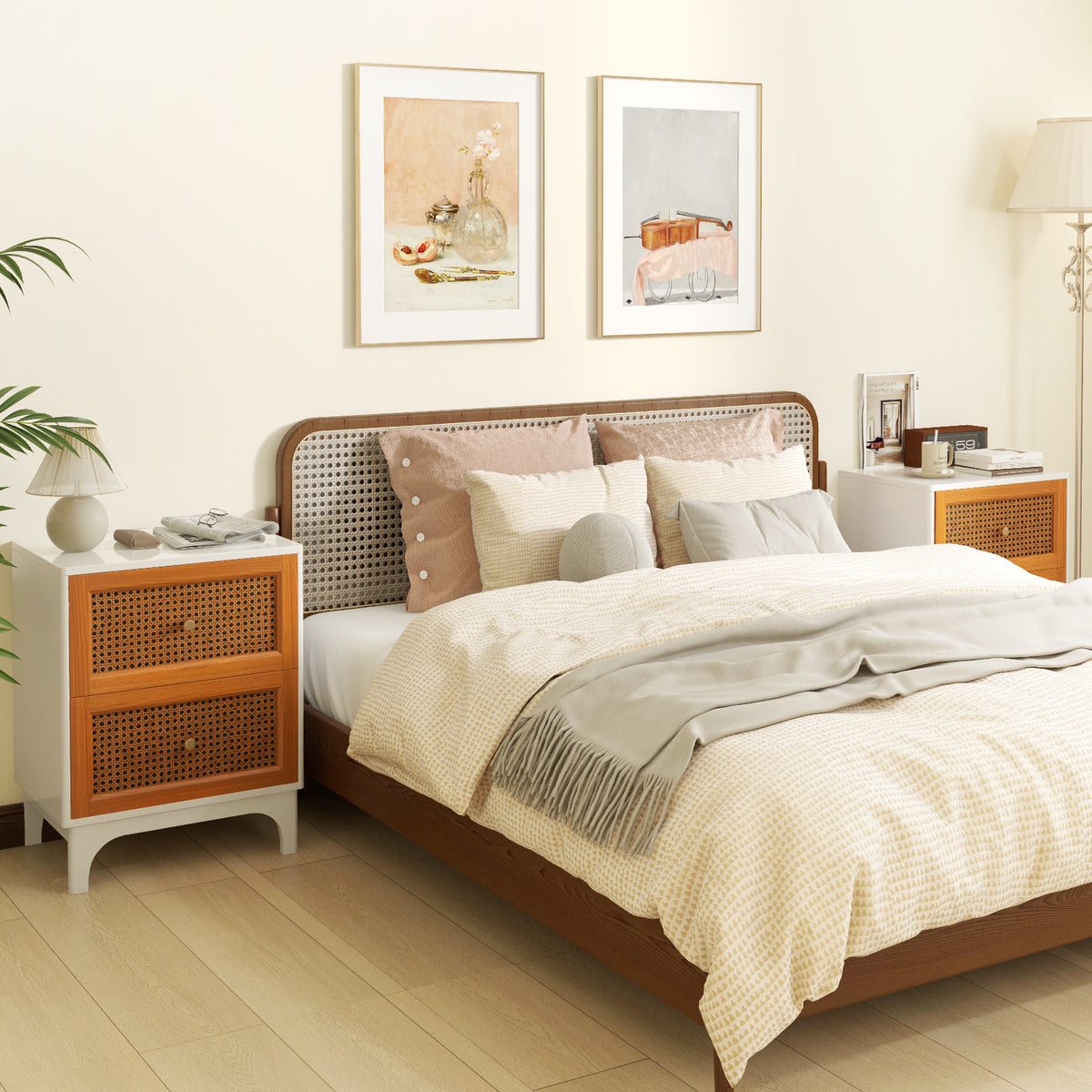Boho Rattan Nightstand with 2 Drawers - White