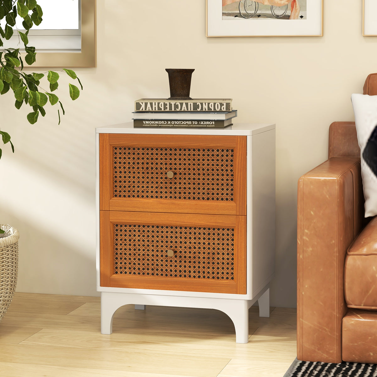 Boho Rattan Nightstand with 2 Drawers - White
