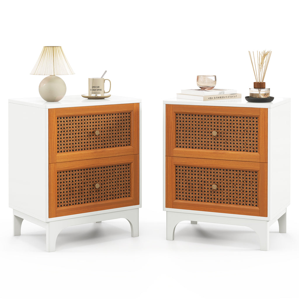 Boho Rattan Nightstand with 2 Drawers - White