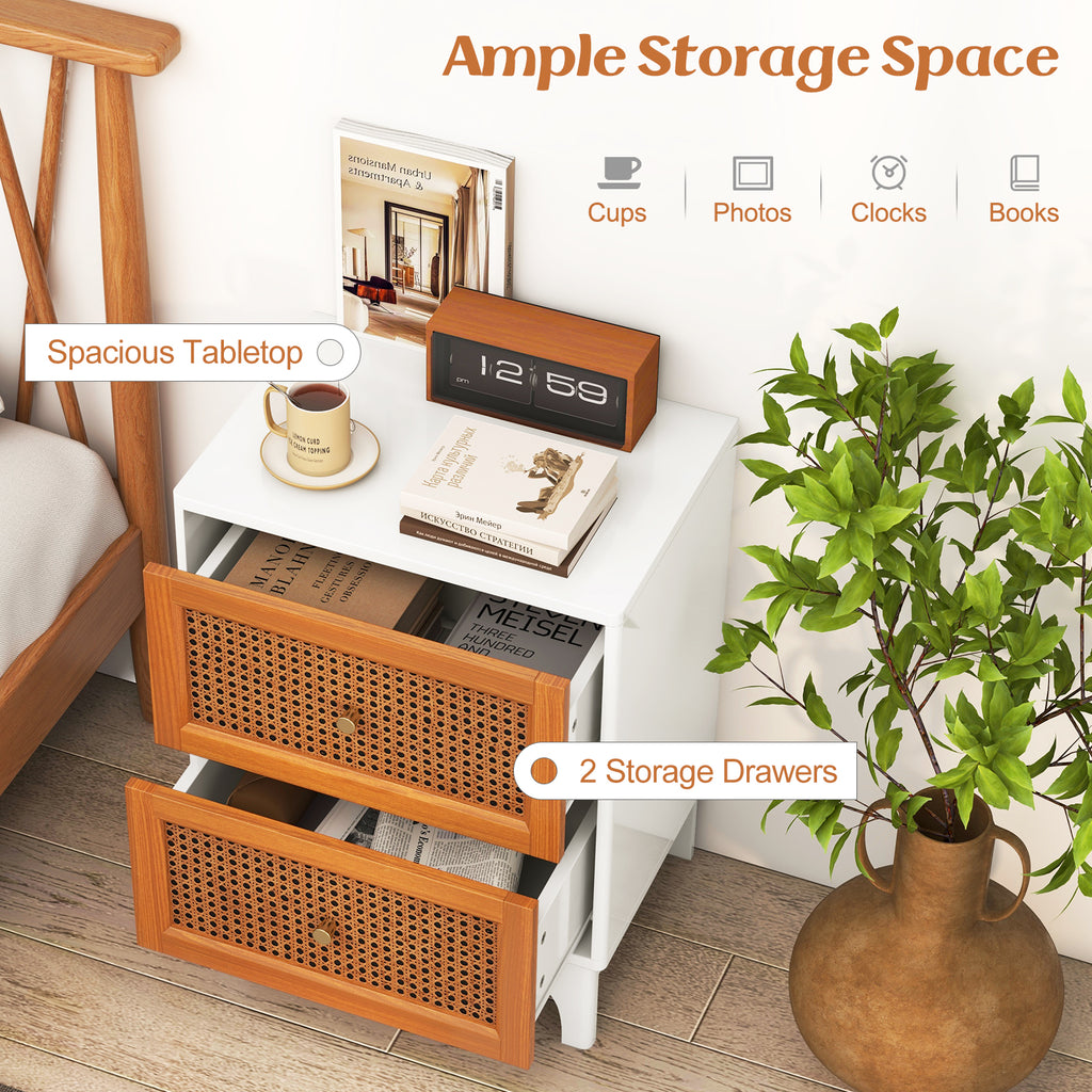 Boho Rattan Nightstand with 2 Drawers - White