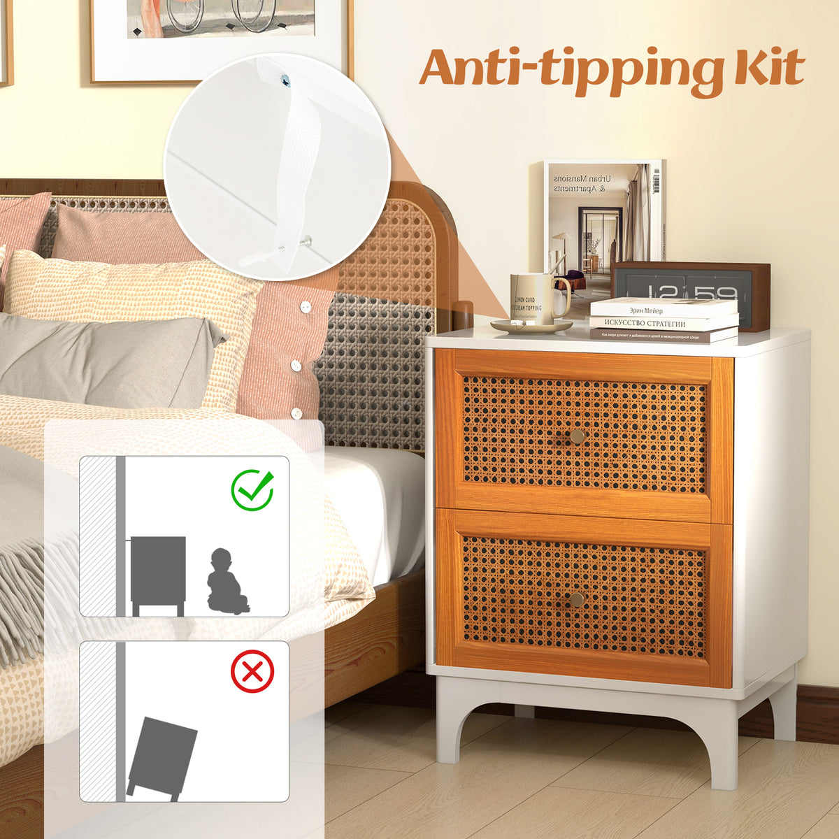 Boho Rattan Nightstand with 2 Drawers - White