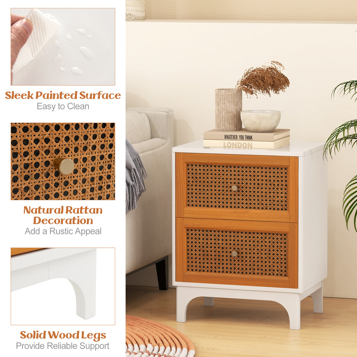 Boho Accent Nightstand with Rattan Drawers - White