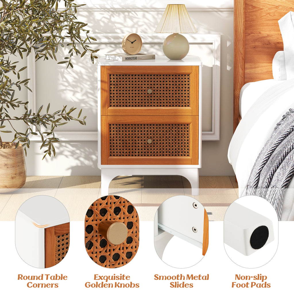 Boho Accent Nightstand with Rattan Drawers - White