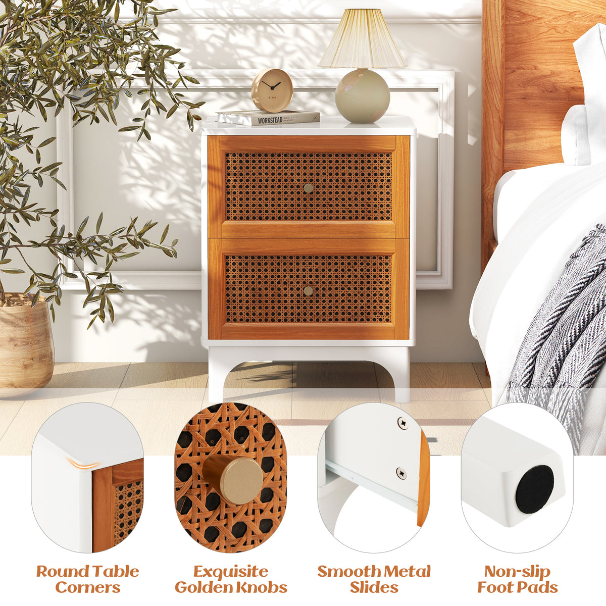 Boho Accent Nightstand with Rattan Drawers - White