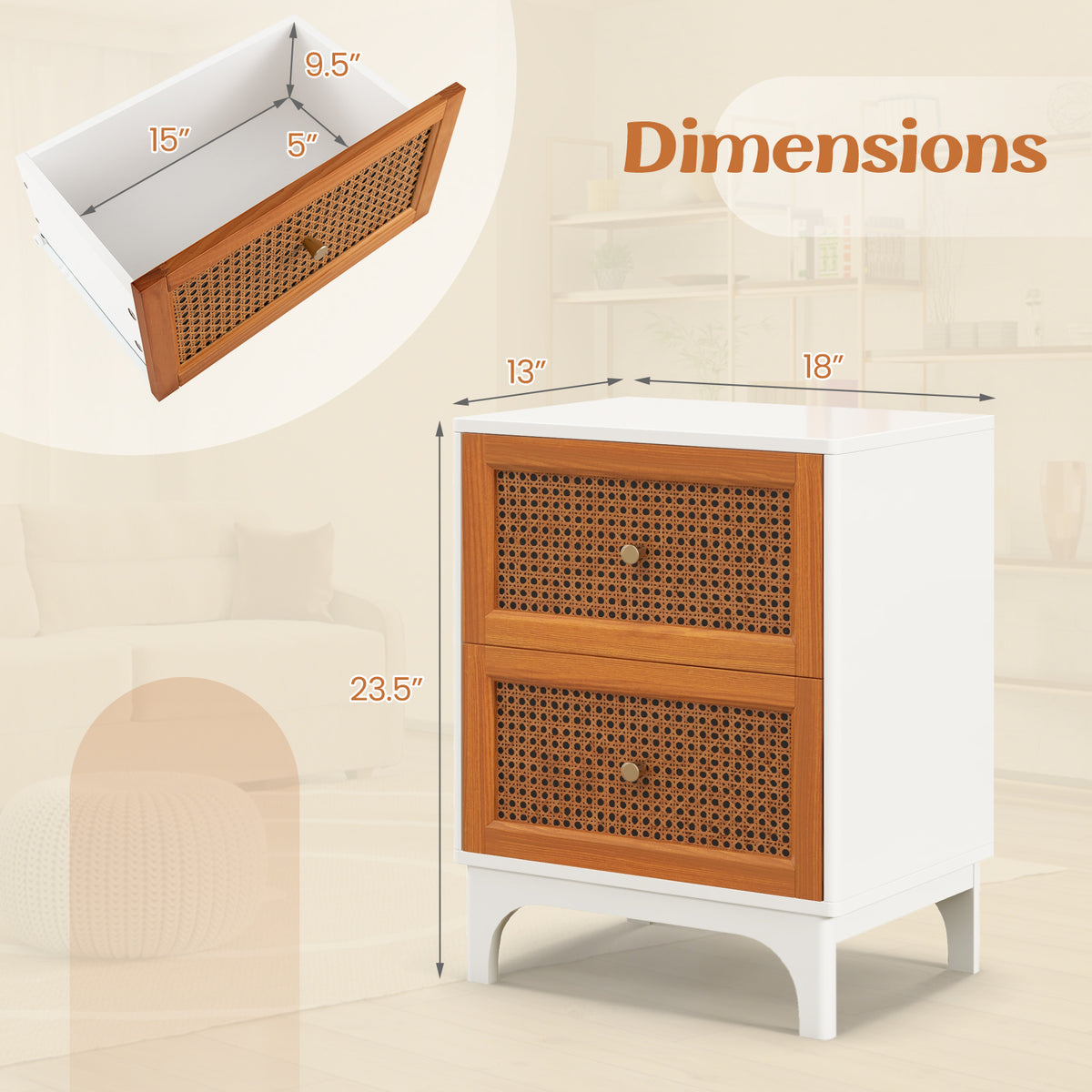Boho Rattan Nightstand with 2 Drawers - White