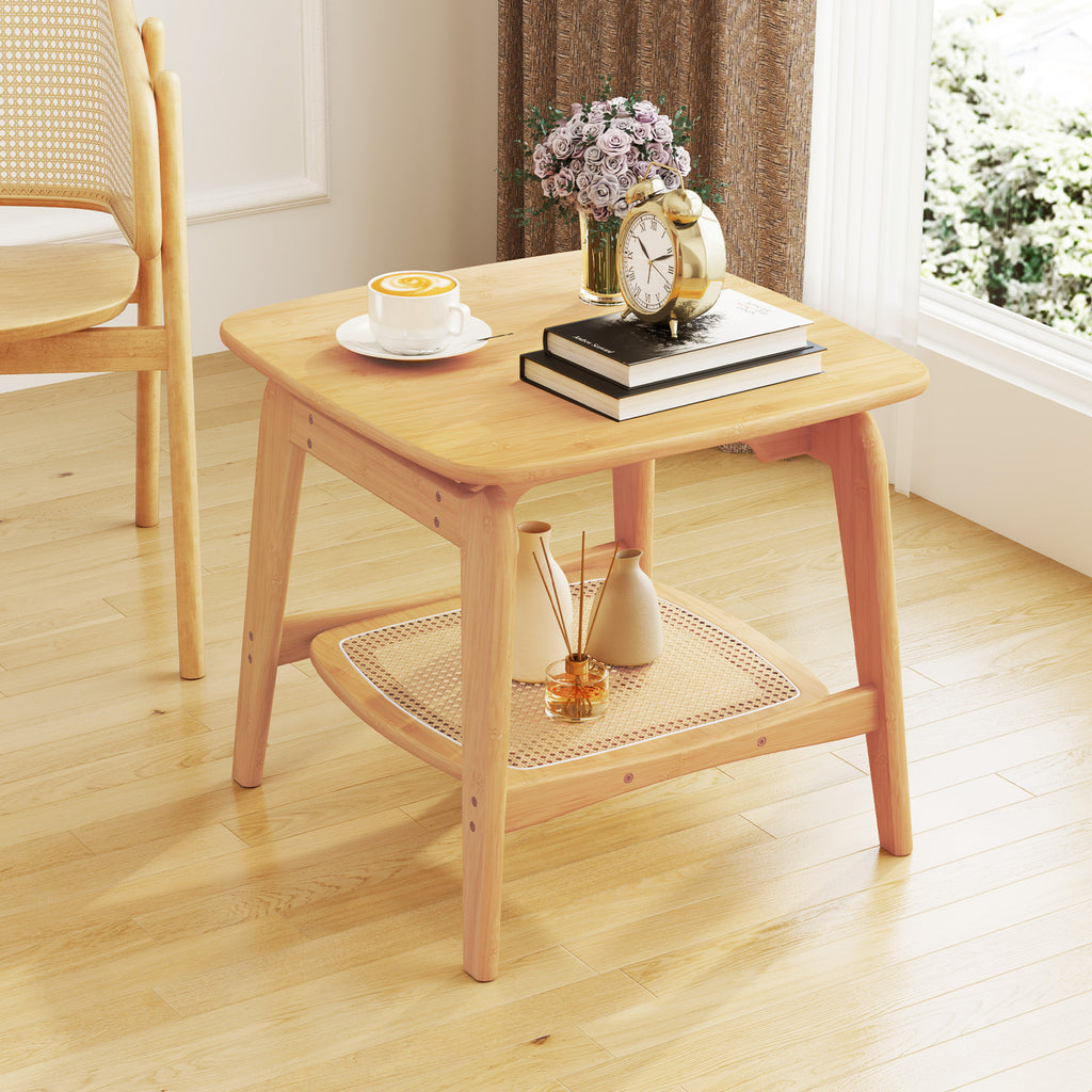 Bamboo Sofa Side Table with Faux Rattan Storage Shelf, Natural