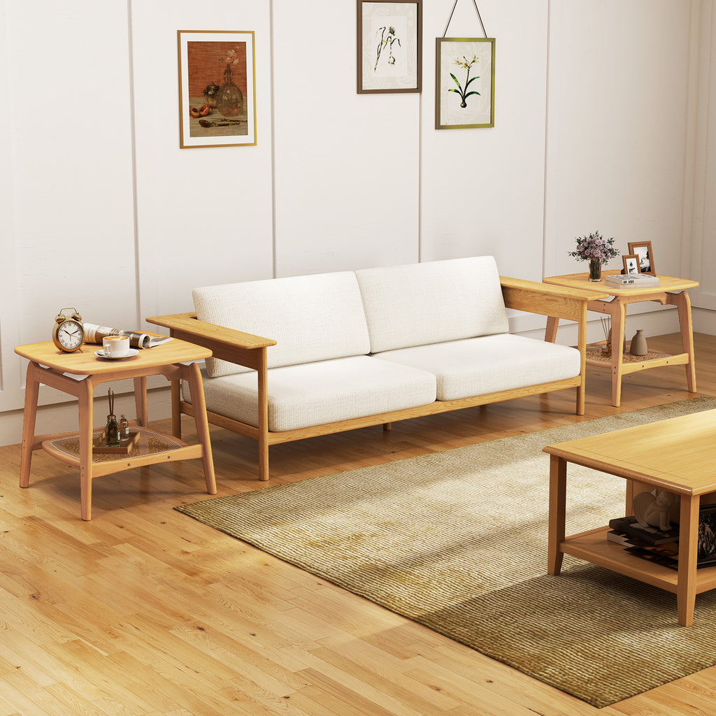 Bamboo Sofa Side Table with Faux Rattan Storage Shelf, Natural