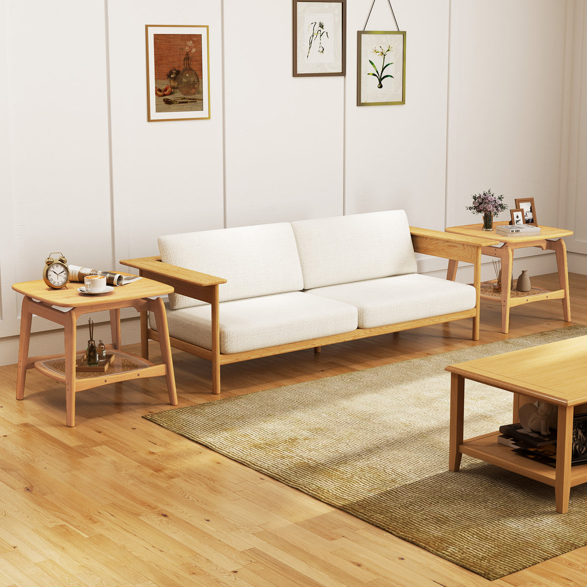 Bamboo Sofa Side Table with Faux Rattan Storage Shelf, Natural